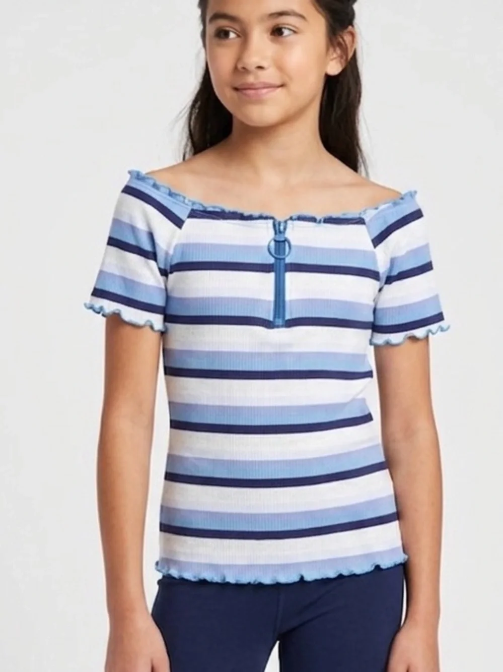 Justice Girls Blue and White Stripped Ribbed Off The shoulder Top